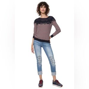 Desigual Jers Laura Sweater S Mesh Lace Appliqué Detail Navy & Red Wavy Stripes